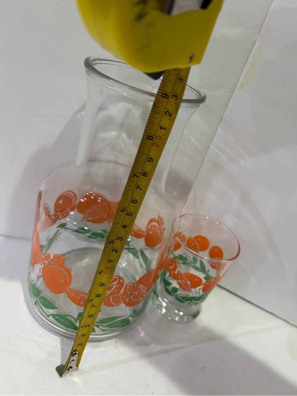 Vintage Libbey Glass Carafe and Tumbler Set Orange and Green Leaf Motif